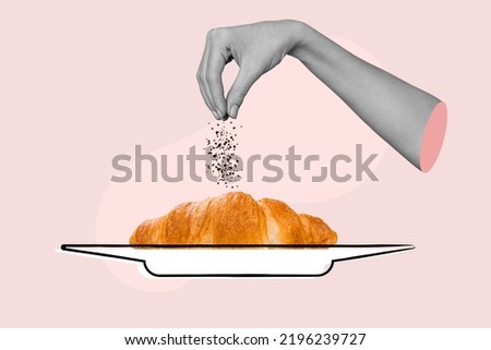 Creative banner collage of hand pour spices fresh french croissant plate cooking breakfast process cafeteria isolated painting background