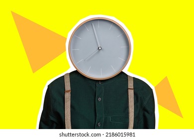 Creative Banner Collage Of Interesting Weird Guy Clock Face Without Head Appear Isolated On Yellow Color Background