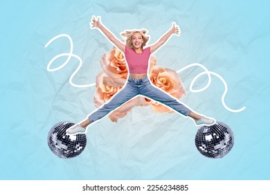 Creative banner collage of youngster lady having dance fun 8 march occasion party on disco ball on floral background - Shutterstock ID 2256234885