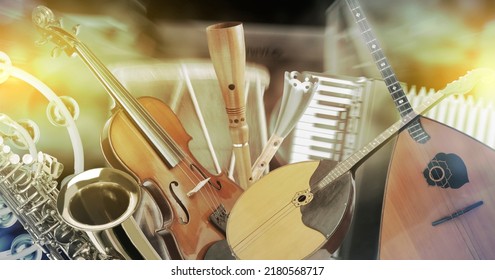 Creative banner design. Set of different musical instruments - Shutterstock ID 2180568717