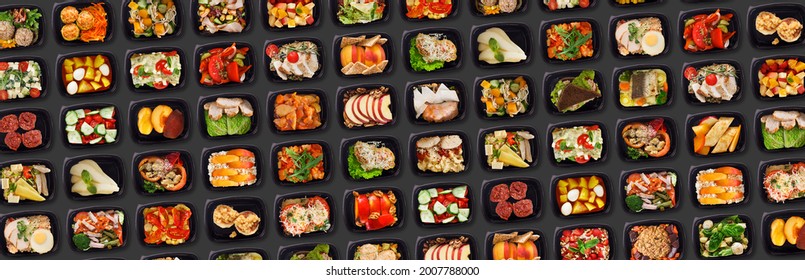 Creative Banner For Food Delivery With Multiple Lunch Boxes With Tasty Healthy Meals, Lots Of Plastic Containers With Delicious Eats Flat Lay Over Black Background, Collage, Panorama, Top View