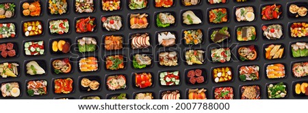 Creative Banner For Food Delivery With Multiple Lunch Boxes With Tasty Healthy Meals, Lots Of Plastic Containers With Delicious Eats Flat Lay Over Black Background, Collage, Panorama, Top View