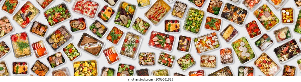 Creative Banner For Food Delivery With Prepared Healthy Meals In Foil Containers Over Light Background, Set Of Aluminium Take Away Lunch Boxes With Tasty Low Fat Daily Eats, Collage, Panorama - Shutterstock ID 2006561825