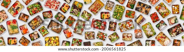 Creative Banner For Food Delivery With Prepared\
Healthy Meals In Foil Containers Over Light Background, Set Of\
Aluminium Take Away Lunch Boxes With Tasty Low Fat Daily Eats,\
Collage, Panorama