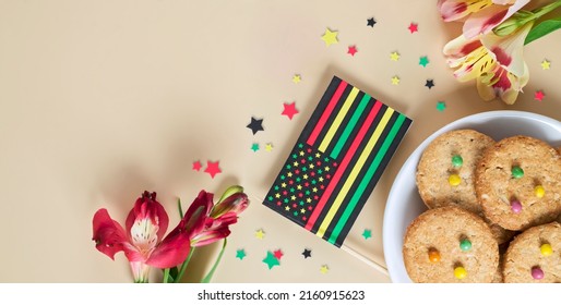 Creative Banner For Juneteenth Day With Black Liberation African American Flags, Tea Cakes Cookie And Bright Flowers
