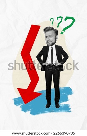 Creative banner poster collage of confused economist guy look money stock falling down loss income
