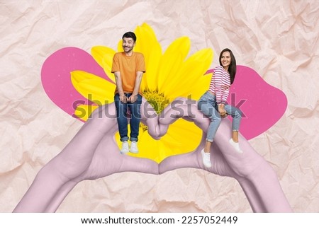 Creative banner poster collage of two people lady guy sit big heart love gesture want date on 14 february holiday
