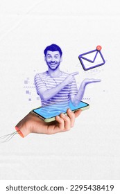 Creative banner poster collage of young guy google assistant hologram messenger pointing new email on social network facebook whatsup
