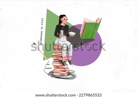 Creative banner poster collage of young lady enjoy learning reading watching 3d story novel open paper book