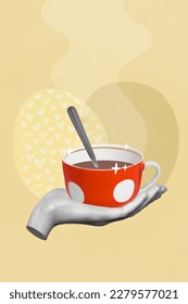 Creative banner poster magazine collage people hand holding aromatic dark fresh coffee cup and tea spoon