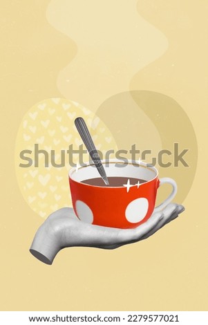 Creative banner poster magazine collage of people hand holding aromatic dark fresh coffee cup with tea spoon