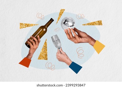 Creative banner template collage champagne bottle pouring beverage alcohol into glass during shining discoball isolated on white background