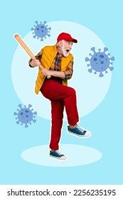 Creative banner template collage of pensioner man covid 19 vaccine concept fight germs using antibody baseball bat - Shutterstock ID 2256235195