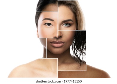 Creative beauty collage - face parts of different ethnicity women.