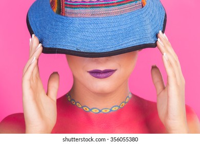 Creative Beauty Fashion Photography. Bright Make-up Girl In A Hat