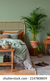 Creative Bedroom Interior Composition With Boho Style Bed, Night Table, Home Decorations And Personal Accessories. Eucalyptus Wall. Template. Copy Space.