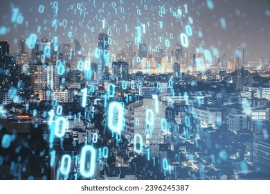 Creative binary coding on blurry night city background. Matrix and security concept. Double exposure - Powered by Shutterstock - Get 15% off with code: PIKWIZARD15