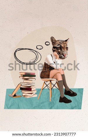 Creative bizarre artwork collage template of exhausted unhappy girl think how prepare for school test read pile book