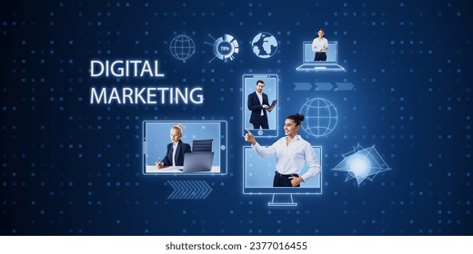 Creative blue devices hologram with tiny businesspeople on blurry background. Digital marketing, social network and online service concept