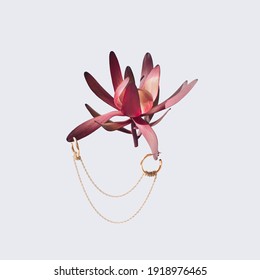 Creative Bold Composition Made With Red Flower, Gold Earrings And Necklace. Aesthetic Jewelry Spring Arrangement.