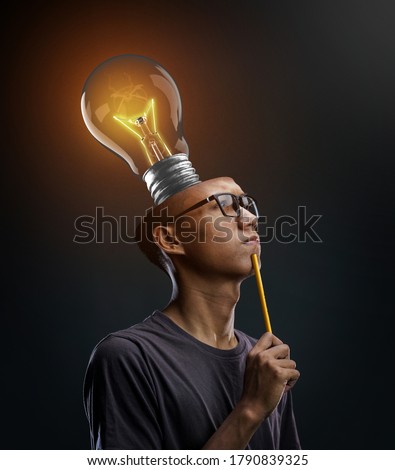 Creative Brain Thinking. Glowing Bulb Inside Man's Head. Photo Manipulation Concept