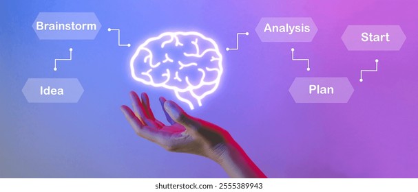 Creative brainstorming with glowing neon brain and connected idea flowchart in a conceptual design, creativity and innovation concept - Powered by Shutterstock - Get 15% off with code: PIKWIZARD15