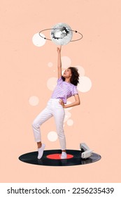 Creative bright photo collage picture artwork poster sketch of positive lady turn discoball have fun isolated on painted background - Shutterstock ID 2256235439