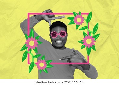 Creative bright template collage of funky young guy making taking decorative spring shot with camera fingers