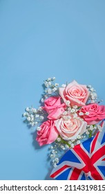Creative british style background with flowers and united kingdom uk flag - Shutterstock ID 2114319815