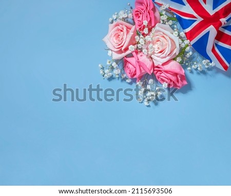 Creative british style background with flowers and united kingdom uk flag