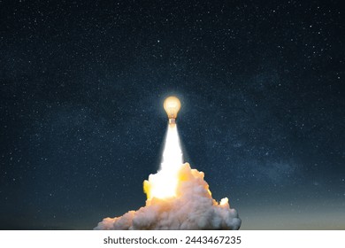 Creative burning light bulb rocket with blast and clouds of smoke successfully takes off into the starry sky. Creative idea, concept. Generation of new thoughts and ideas. Science and technology. - Powered by Shutterstock