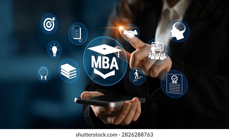 Creative Business Concept Combining Technology and Education with MBA Symbol, Iconography, and Professional Development in a Dynamic Setting