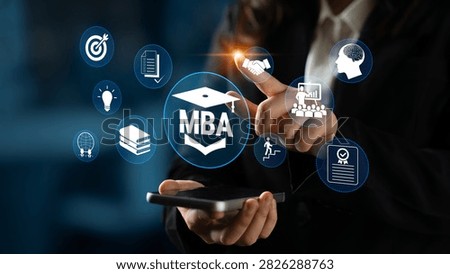 Creative Business Concept Combining Technology and Education with MBA Symbol, Iconography, and Professional Development in a Dynamic Setting