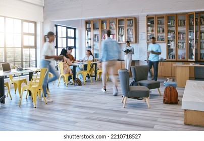 Creative Campus, Busy Library And Students Studying, Research Or Working In Community Workspace With Morning Lens Flare. People With Education School Books, Reading Information In College Motion Blur