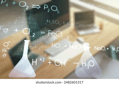 Creative chemistry hologram and modern desk with computer on background, pharmaceutical research concept. Multiexposure - Powered by Shutterstock