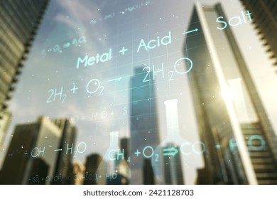 Creative chemistry hologram on blurry cityscape background, pharmaceutical research concept. Multiexposure
