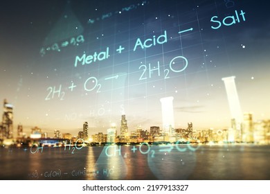 Creative Chemistry Hologram On Chicago Office Buildings Background, Pharmaceutical Research Concept. Multiexposure