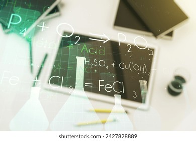 Creative chemistry illustration and modern digital tablet on desktop on background, top view, science and research concept. Multiexposure
