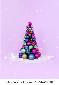 Creative Christmas Design On Pink Pastel Color Background With Christmas Tree. Xmas And Holiday Concept.