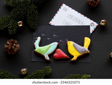 Creative Christmas greeting card with decorated bird cookies in mint and yellow, red heart cookie, pine cones and ginger greetings message
 - Powered by Shutterstock