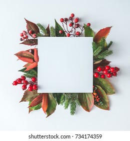 Creative Christmas layout made of natural winter decoration. Flat lay. Nature New Year concept.
