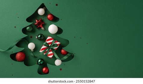 Creative Christmas tree design with ornaments and presents in a festive green setting, capturing the holiday spirit and celebration - Powered by Shutterstock