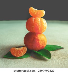 Creative citrus stack with fresh tangerines, beautifully arranged with green leaves. A vibrant and artistic food concept perfect for wellness, healthy eating, and organic lifestyle themes.