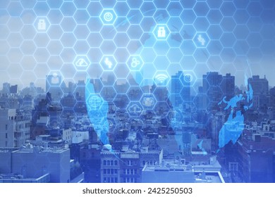Creative city backdrop with hexagonal map hologram. Innovation and smart city concept. Double exposure