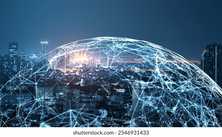 Creative city background with glowing polygonal sphere. Technology, ai and connections concept