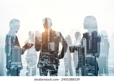 Creative city skyline with businesspeople silhouettes on light background. Teamwork, partnership and success concept. Toned image. Double exposure - Powered by Shutterstock