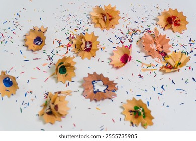 Creative close-up of colorful pencil shavings on a white background, symbolizing art, creativity, and inspiration - Powered by Shutterstock