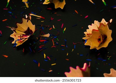 Creative close-up of colorful pencil shavings on a dark background, showcasing artistic and educational concepts - Powered by Shutterstock