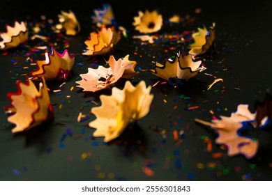 Creative close-up of colorful pencil shavings on a dark background, showcasing artistic and educational concepts - Powered by Shutterstock