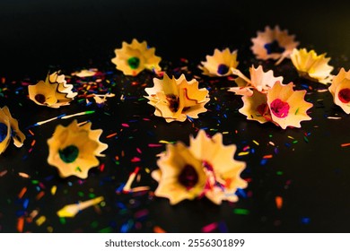 Creative close-up of colorful pencil shavings on a dark background, showcasing artistic and educational concepts - Powered by Shutterstock